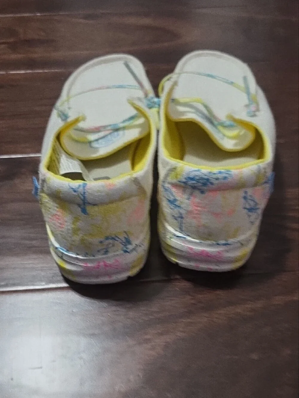 Hey Dude Kids White Canvas Slip-Ons with Yellow Lining and Multicolor Trim